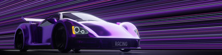 Low Angle Front View of a Purple Supercar Moving Fast - 3d illustrationの写真素材