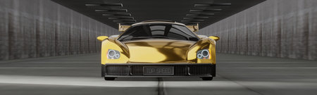 Symmetrical Front View of a Gold Racing Car Speeding in a Hall - 3d illustrationの写真素材