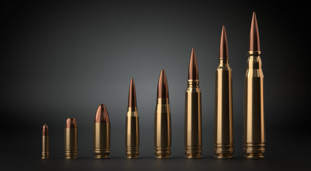 Bullets of different Calibers Standing in row on black Background - 3d illustration