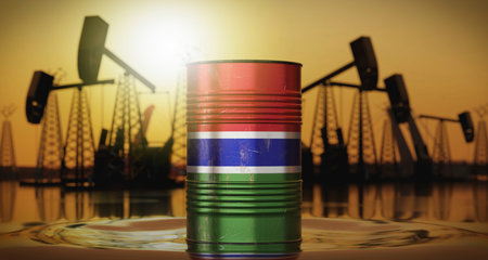 Gambia - oil barrel with national flag, extraction wells in background - 3D illustration