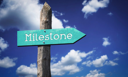 Milestone - wooden signpost with one arrow, sky with clouds