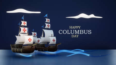 Three Caravels, Happy Columbus Day, 3D Illustrationの写真素材
