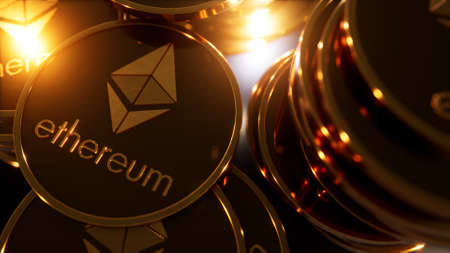 Golden Ethereum Coins, 3d Illustration