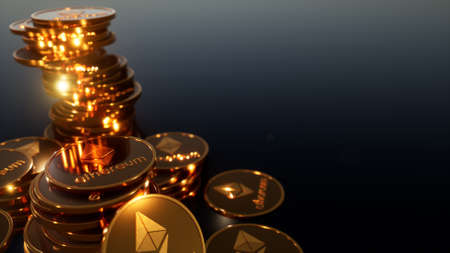Golden Ethereum Coins, 3d Illustrationの写真素材
