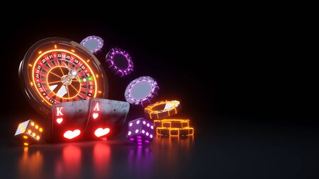 Casino Roulette Wheel and Four Aces Poker Cards - 3D Illustrationの写真素材