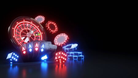 Luxury Casino Roulette Wheel and Four Aces Poker Cards - 3D Illustrationの写真素材