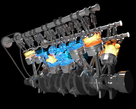 V12 Engine pistons Ignition on black background 3D renderingの写真素材
