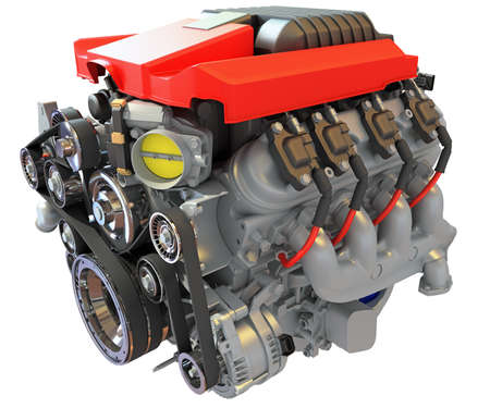 V8 Supercharged Engine 3D rendering on white backgroundの写真素材