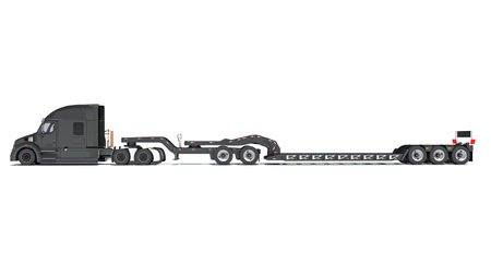 Truck with flatbed trailer 3D rendering on white backgroundの写真素材
