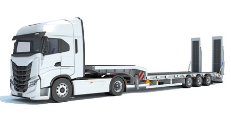 Semi Truck with Lowboy Platform Trailer 3D rendering model on white backgroundの写真素材