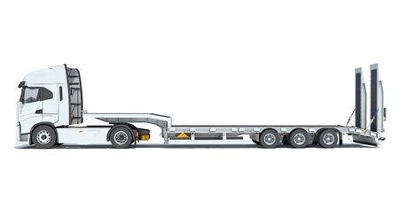 Semi Truck with Lowboy Platform Trailer 3D rendering model on white backgroundの写真素材