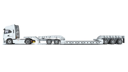 Semi Truck with Lowboy Platform Trailer 3D rendering model on white backgroundの写真素材