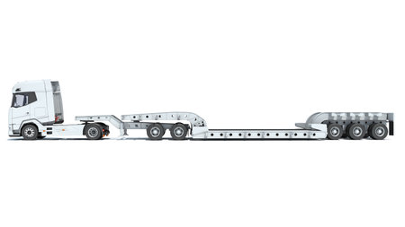 Semi Truck with Lowboy Platform Trailer 3D rendering model on white backgroundの写真素材