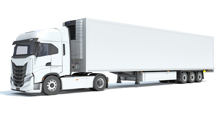 Truck with Reefer Refrigerator Trailer 3D rendering model on white backgroundの写真素材