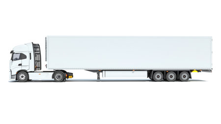 Truck with Reefer Refrigerator Trailer 3D rendering model on white backgroundの写真素材