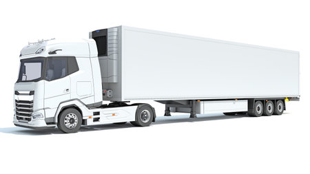 Truck with Reefer Refrigerator Trailer 3D rendering model on white backgroundの写真素材