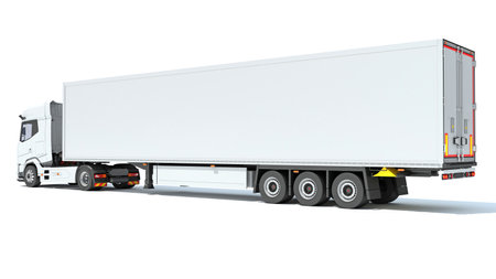 Truck with Reefer Refrigerator Trailer 3D rendering model on white backgroundの写真素材