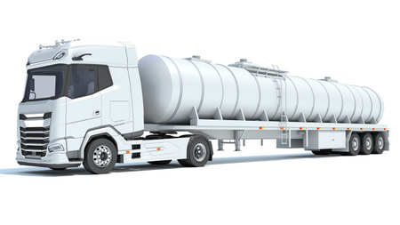Heavy truck with tank trailer 3D rendering model on white backgroundの写真素材