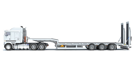 Truck with Lowboy Trailer 3D rendering on white backgroundの写真素材