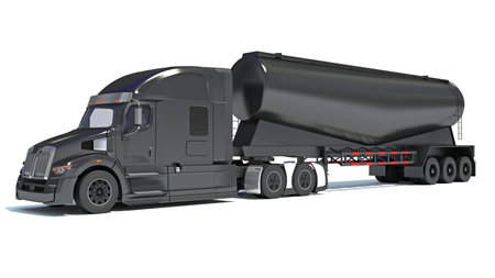 Heavy truck with tank trailer 3D rendering on white backgroundの写真素材