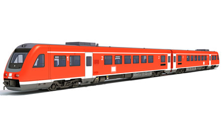 Red passenger train 3D rendering on white backgroundの写真素材