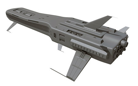 Spaceship 3D rendering model on white backgroundの写真素材