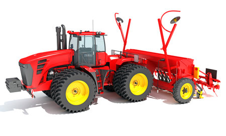 Farm Tractor with Compact Disc Harrow 3D rendering model on white backgroundの写真素材