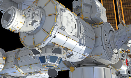 International Space Station ISS 3D rendering model on black backgroundの写真素材