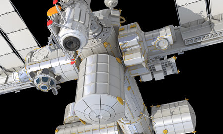 International Space Station ISS 3D rendering model on black backgroundの写真素材