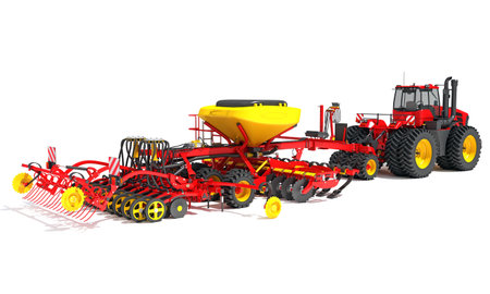 Tractor with Seed Drill farm equipment disc harrow 3D rendering model on white backgroundの写真素材