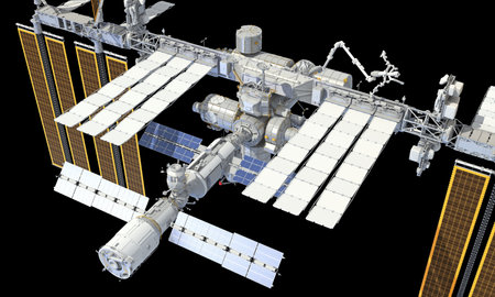 International Space Station ISS 3D rendering model on black backgroundの写真素材