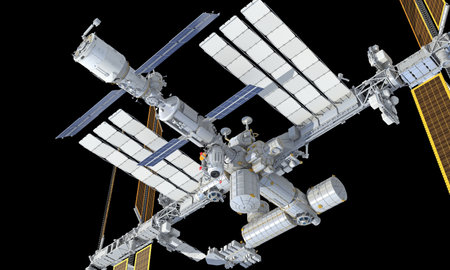 International Space Station ISS 3D rendering model on black backgroundの写真素材