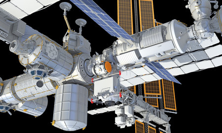International Space Station ISS 3D rendering model on black backgroundの写真素材