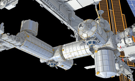 International Space Station ISS 3D rendering model on black backgroundの写真素材