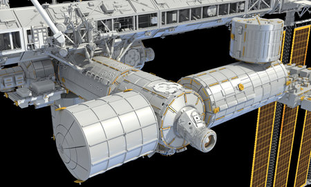 International Space Station ISS 3D rendering model on black backgroundの写真素材