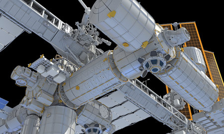 International Space Station ISS 3D rendering model on black backgroundの写真素材