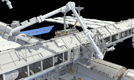 International Space Station ISS 3D rendering model on black backgroundの写真素材