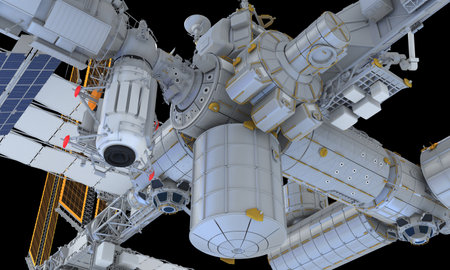 International Space Station ISS 3D rendering model on black backgroundの写真素材