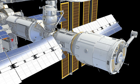 International Space Station ISS 3D rendering model on black backgroundの写真素材