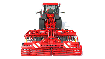 Tractor with Seed Drill farm equipment disc harrow 3D rendering model on white backgroundの写真素材