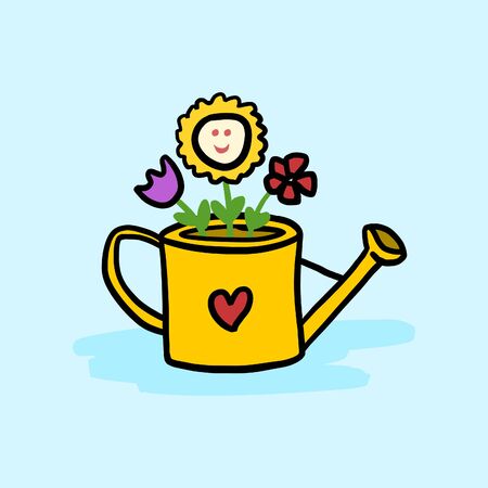Beautiful watering can with valentine heart and flowers inside. Isolated hand drawn cartoon drawing. Clipart symbol of love.のイラスト素材