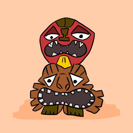 Funny totem pole. Wooden heads, mask. Comic cartoon drawing. Isolated vector illustration.のイラスト素材