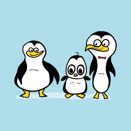 Cartoon penguin family set. Penguin mother, dad and baby. Isolated vector illustration.のイラスト素材