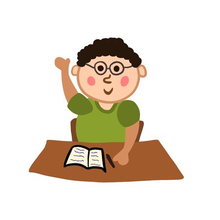 Grind. Clever boy at school with hand up waving. Cartoon freehand drawing isolated on white.のイラスト素材