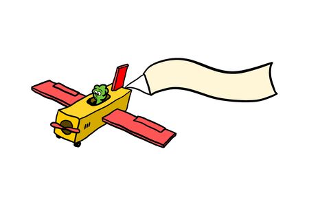 Cartoon 3D airplane with alien and empty banner for custom text. Isolated on white background.のイラスト素材