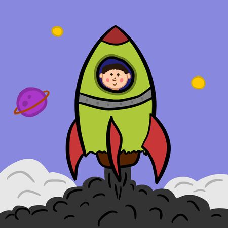 Baby astronaut. Boy inside rocket - spaceship in space. Cartoon freehand drawing.のイラスト素材