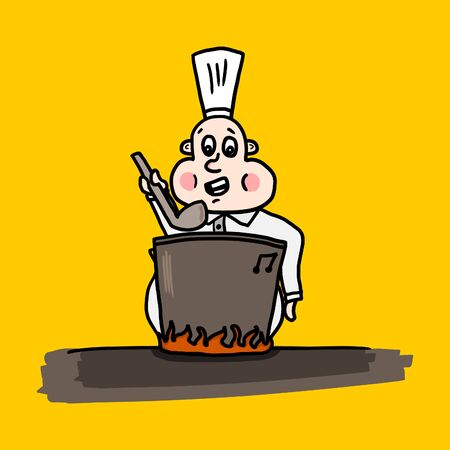 Funny fat cook chef character is tasting a meal (soup) from a pot. Hand drawn doodle illustration isolated on yellow background.のイラスト素材