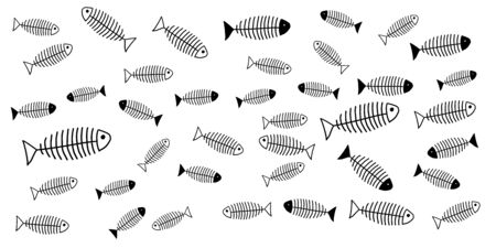 Fish bone seamless pattern tile background in black and white. Hand drawn abstract vector...