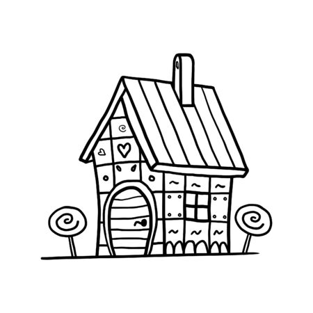 Coloring book of xartoon gingerbread house from fairy tales. Black stroke on white. Hand drawn vector illustration.のイラスト素材