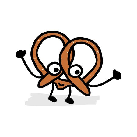 Happy pretzel mascot. Hand drawn character of a baked crisp biscuit with face and hands. Childish drawing. Isolated vector illustration.のイラスト素材